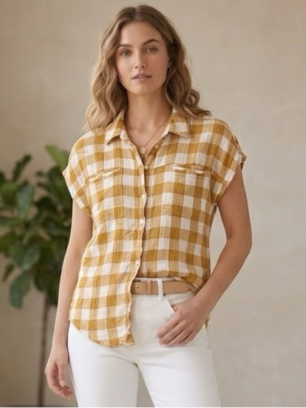 Lucky brand, gold yellow, and white checkered, button down shirt, size XS